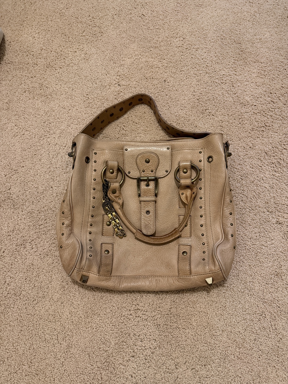 Betsey Johnson Studded Leather Hobo Satchel - Tan